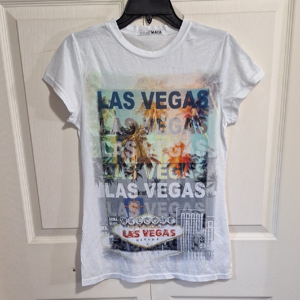 Maya White Fitted Tee-Las Vegas Graphic - Bejeweled Beaded-Lightweight-XL